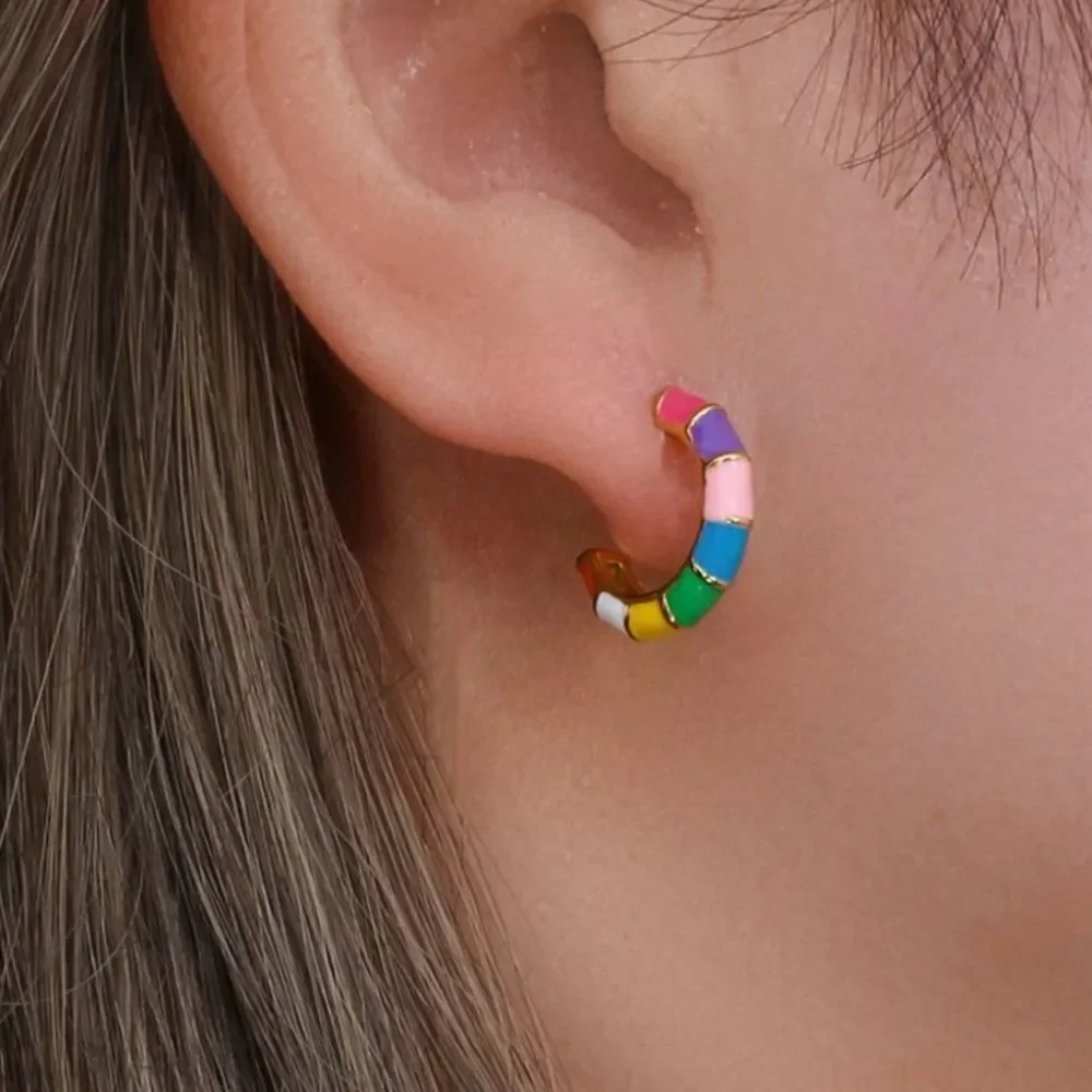 Multicolor Ceramic Mini Hoop Huggie Earring Colorblock Design NIB 18kgold plate